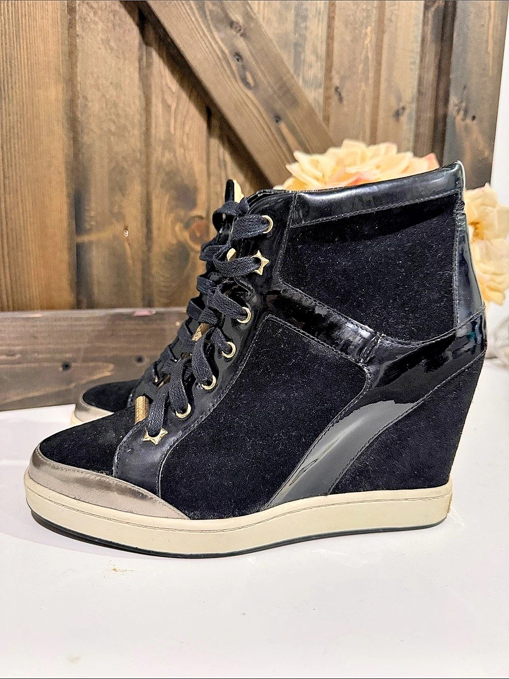 Jimmy Choo Tokyo Black Suede and Patent Wedge High-Top Sneakers EU 38